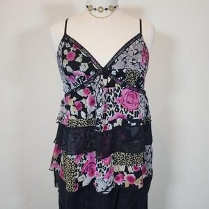 Express Floral Animal Print Ruffle Cami Top Black Pink Sleeveless Sz‎ 12